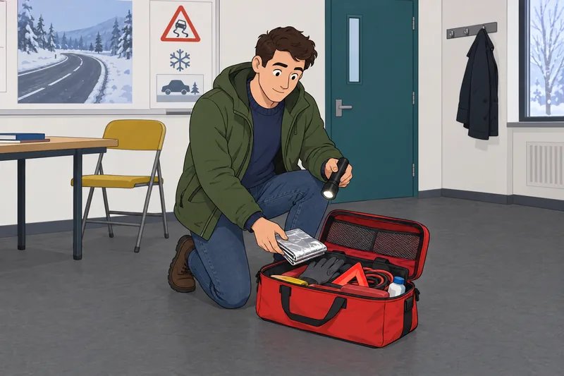 Winter Driving Safety: a driver packs supplies.