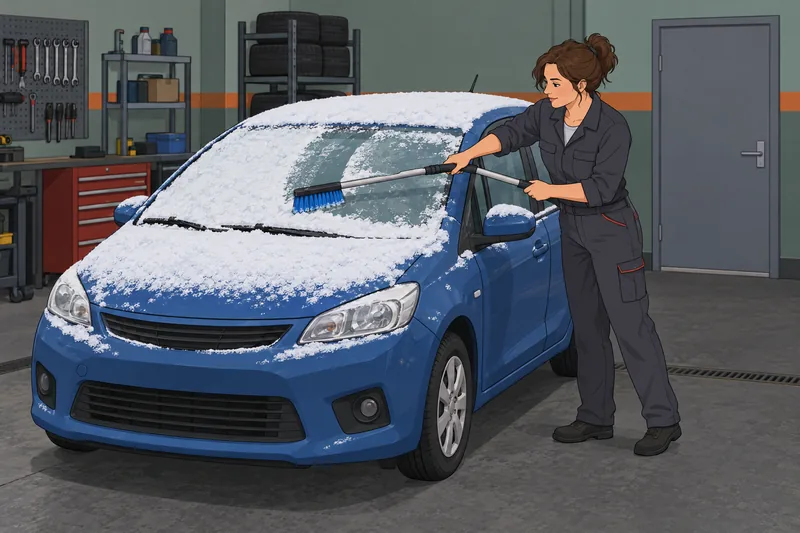 Winter Driving Safety: a mechanic clears frost.