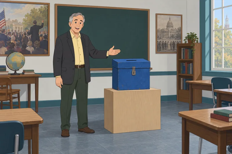 Women Quiz: a teacher presents a ballot box.