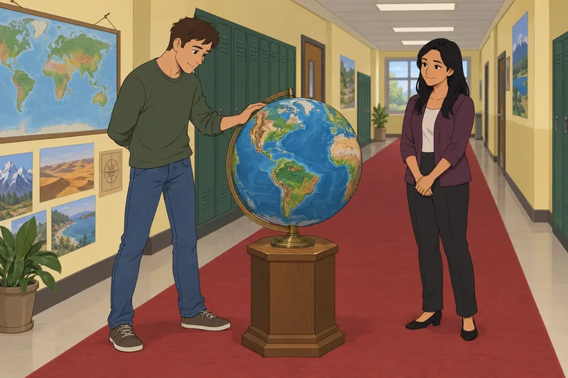 World Physical Features globe guides a lesson.