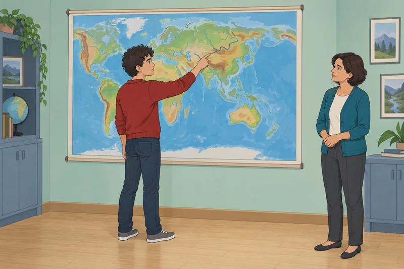 World Physical Features map hangs in class.