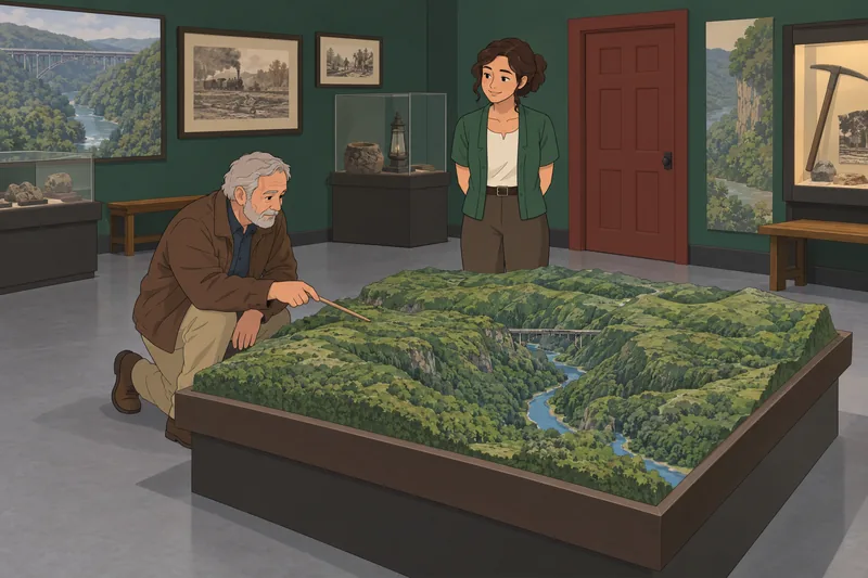 WV Counties Quiz: visitor studies a landmark model.