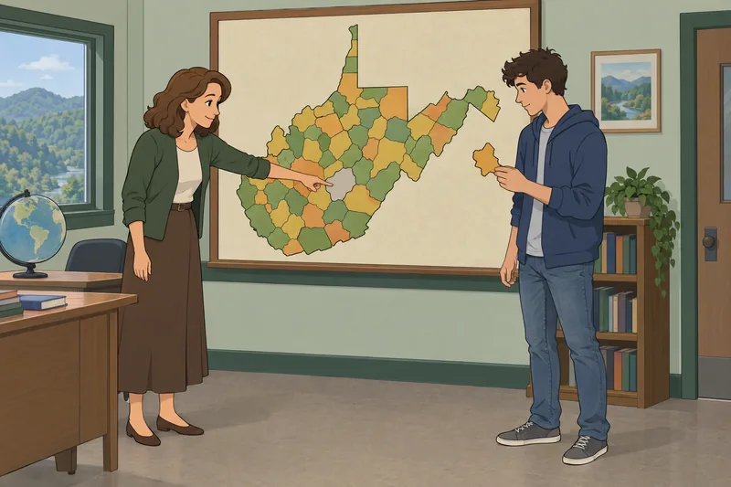 WV Counties Quiz: student studies a county map.