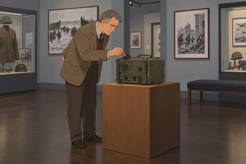WW2 Quiz shows a curator examining a radio.