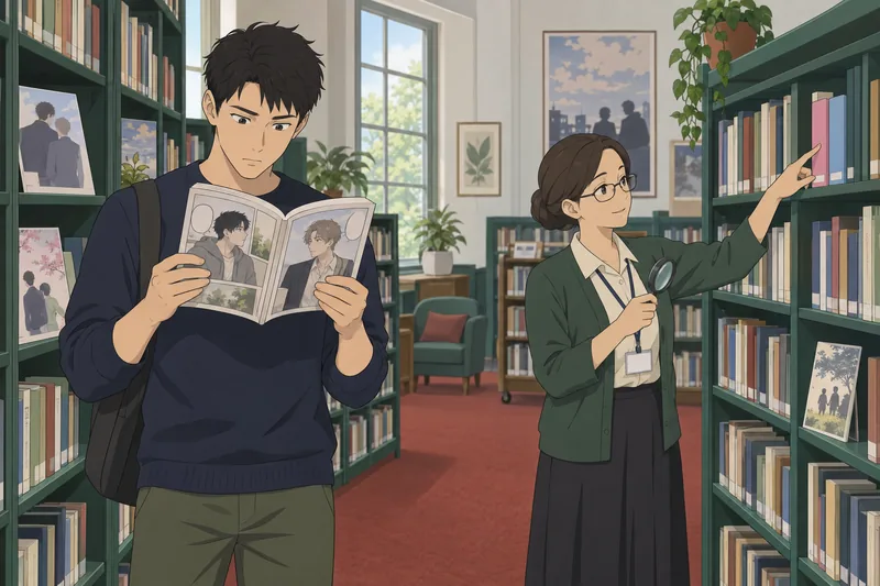 Yaoi Quiz follows careful reading in a library.