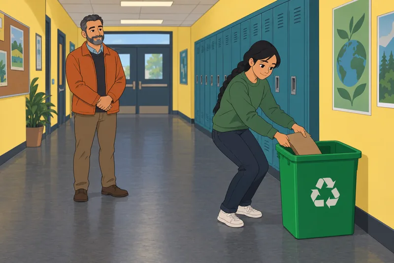Youth Quiz shows recycling in a school hallway.