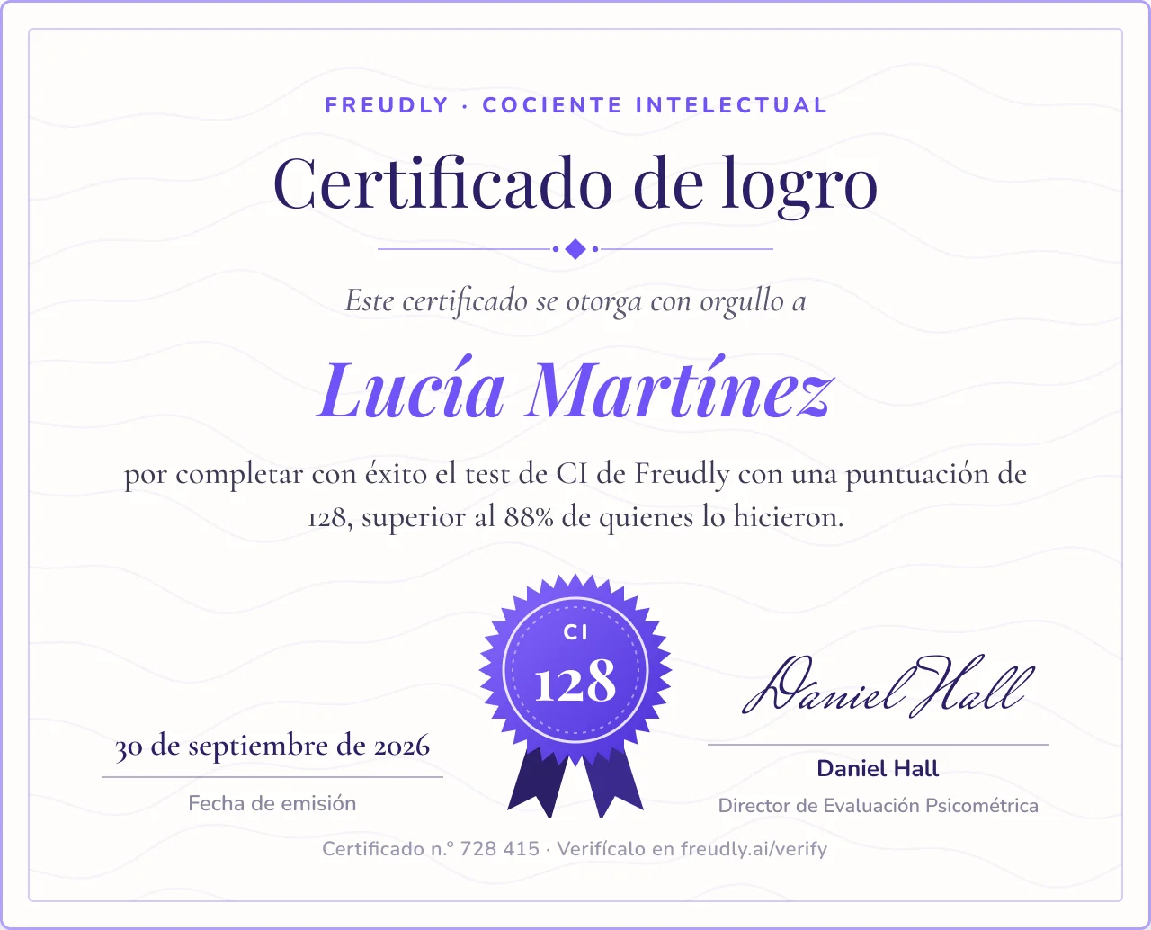 Ejemplo de certificado de CI de Freudly con un puntaje de 128