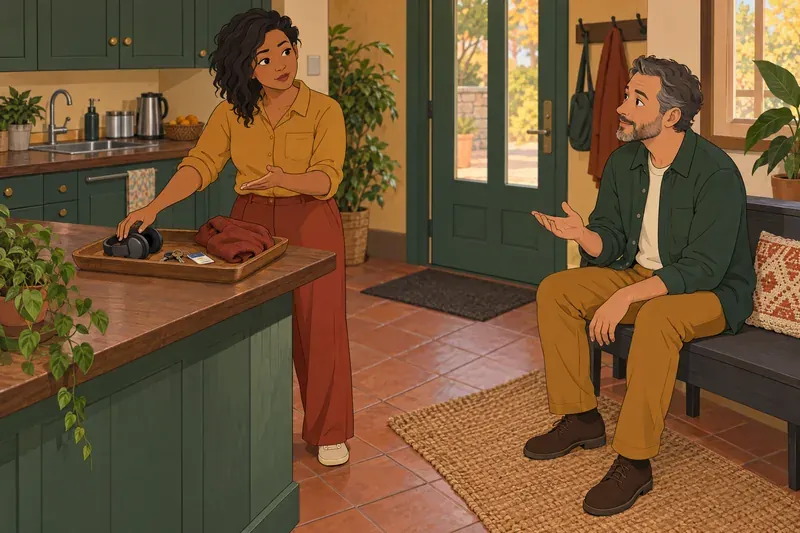A woman and a man talking in a warm kitchen — the kind of everyday conversation the RAADS-R asks about