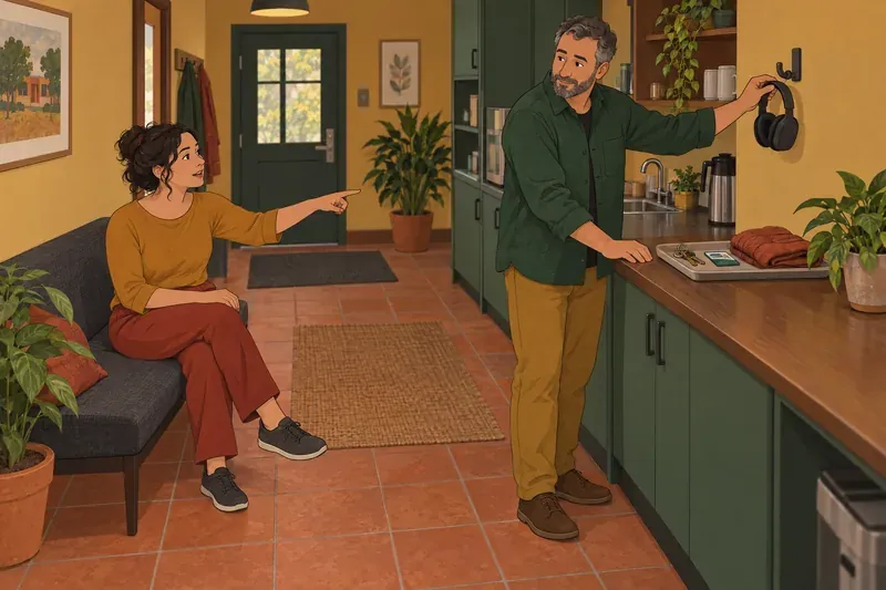 Una mujer y un hombre conversan en una cocina acogedora: el tipo de conversación cotidiana por la que pregunta la RAADS-R