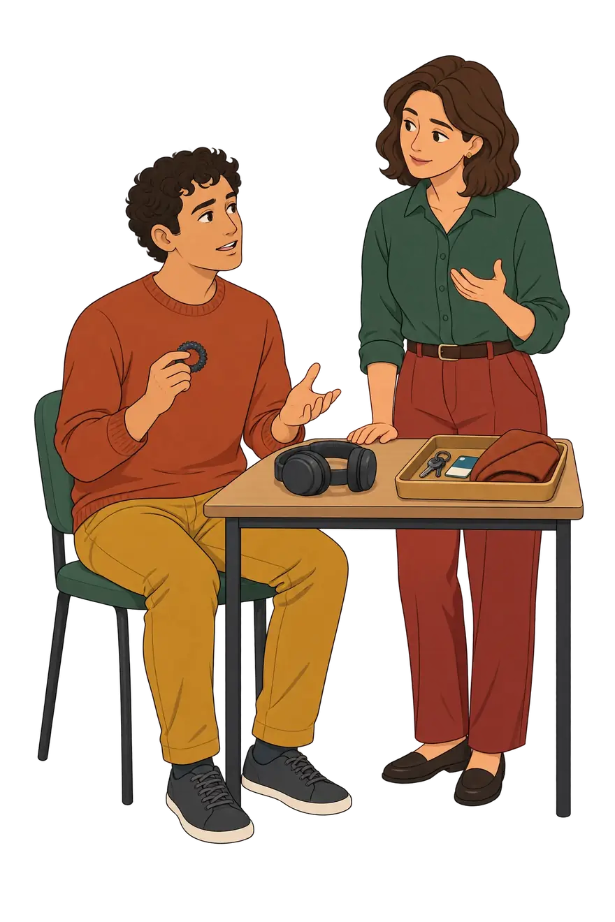 Two adults talking at a table with headphones and a fidget ring — an everyday scene of autistic traits